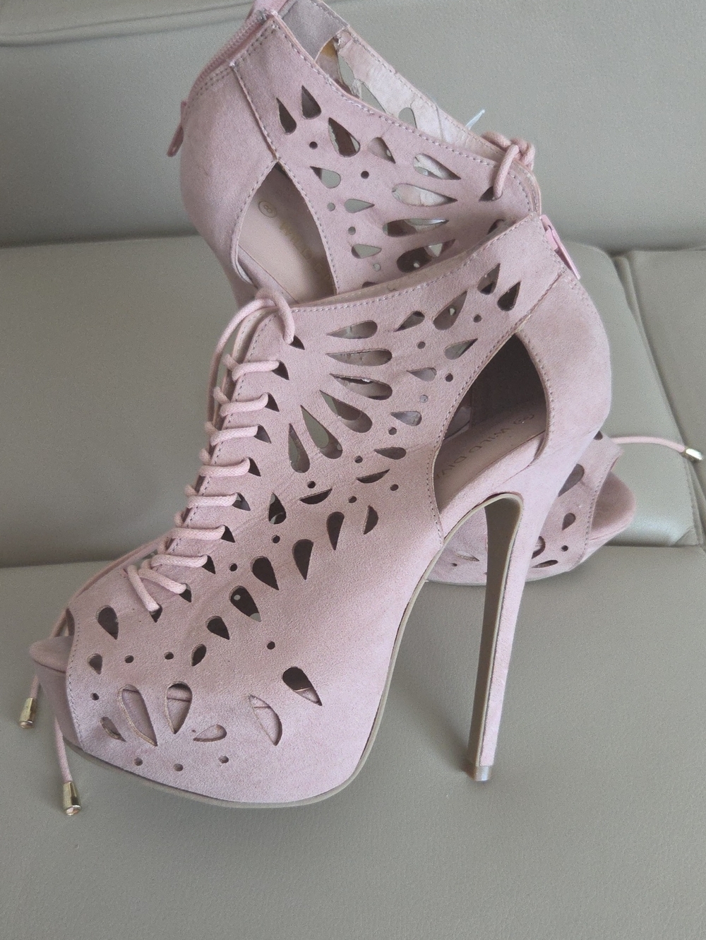 Women’s Blush Pink Cutout Lace-Up High Heel Sandals Size 8